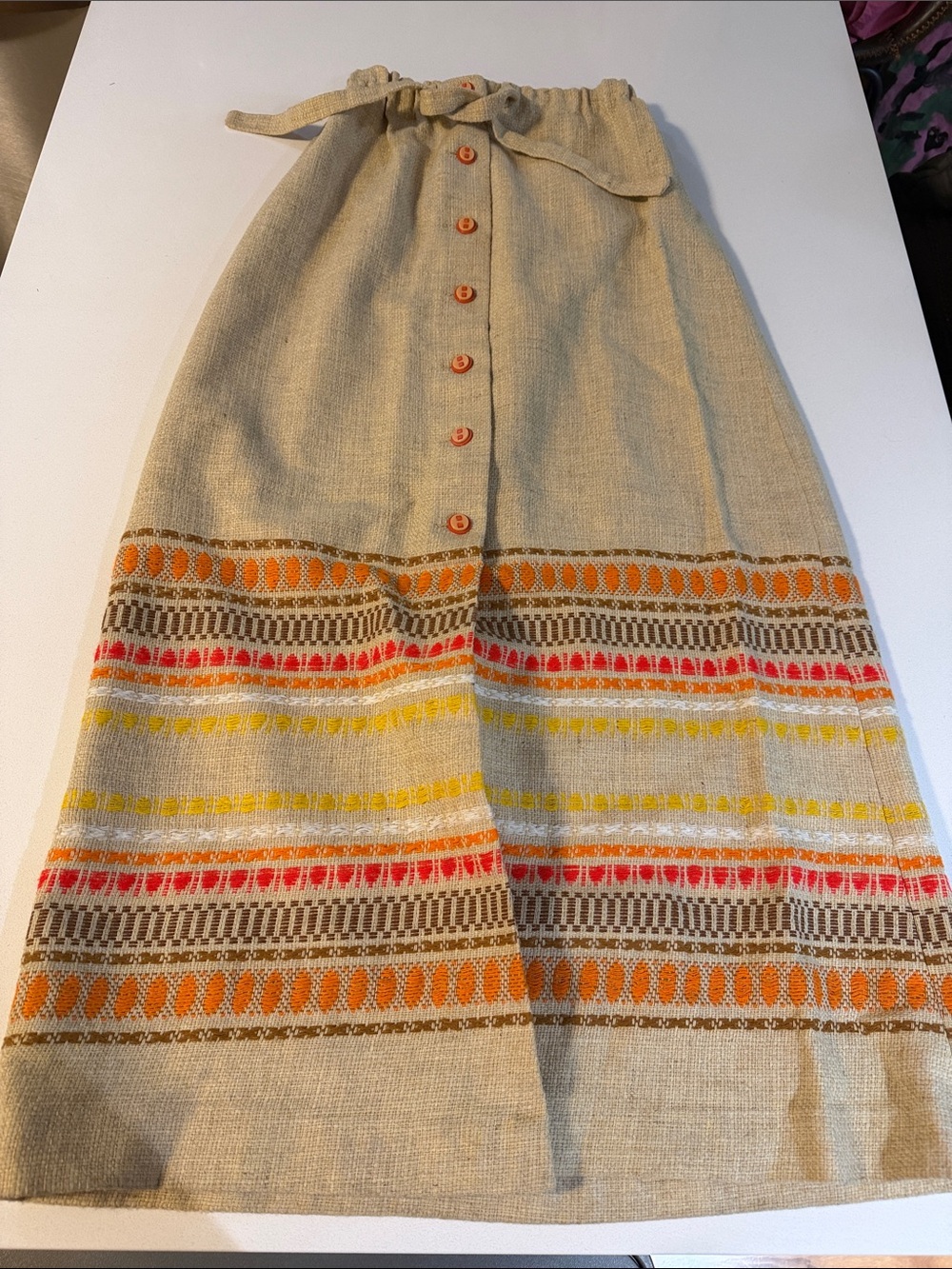 Vintage Beige Embroidered Maxi Skirt with Orange & Yellow Accent